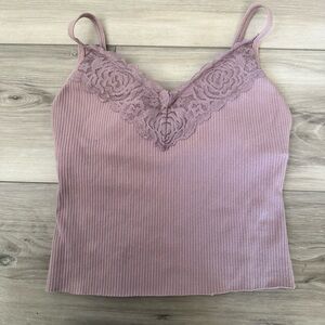 Lace Trim Ribbed Tank Top - Mauve